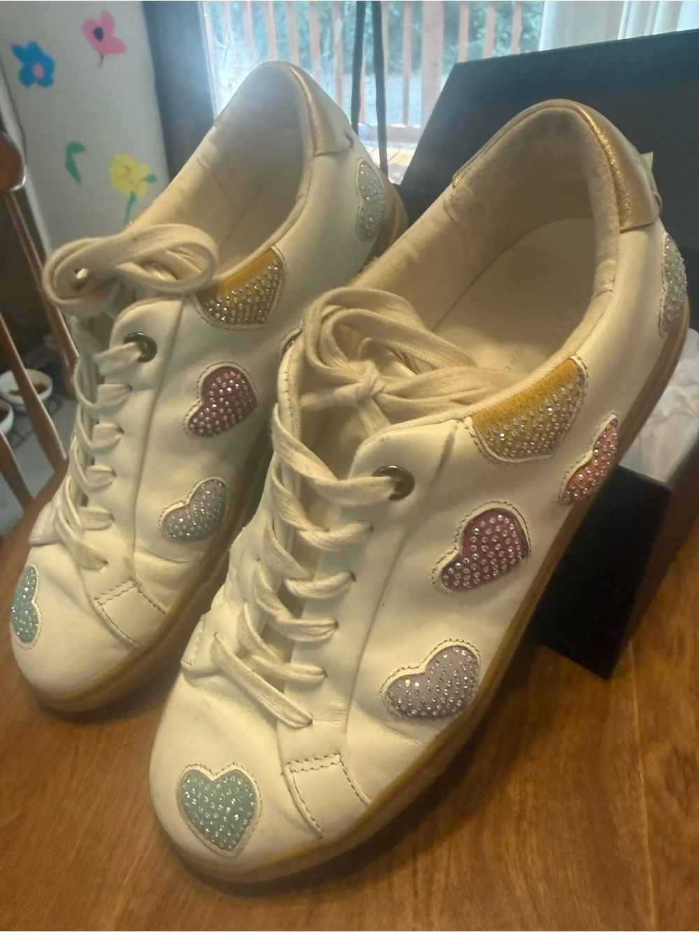 Kurt Geiger White Leather Sneakers with Pink, Gold & Silver Crystal Hearts